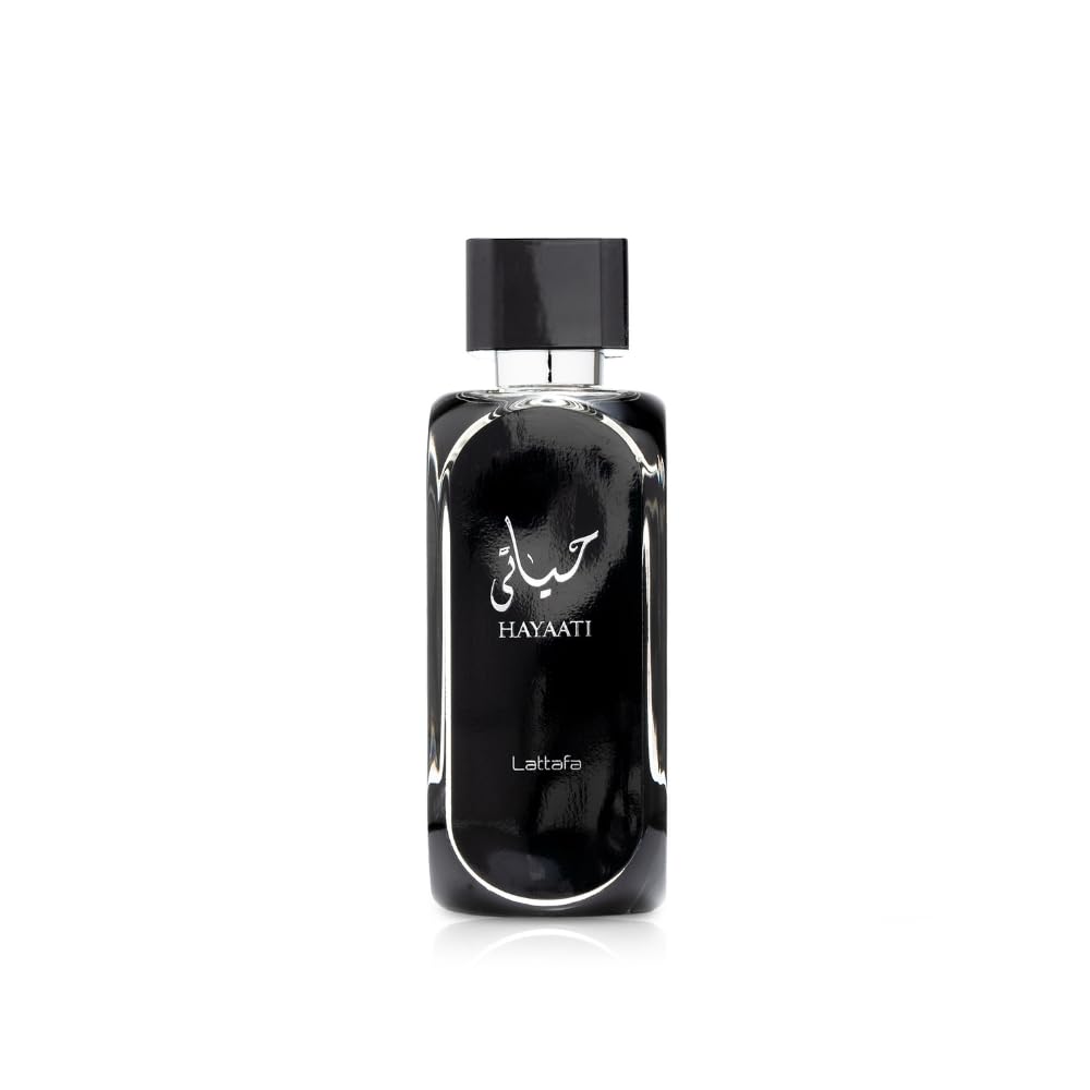 Lattafa Hayaati bottle front view, premium woody aroma for daily wear.