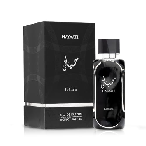 Lattafa Hayaati bottle side view highlights balanced apple and bergamot opening.