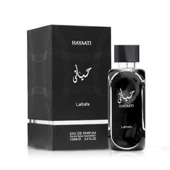Lattafa Hayaati bottle side view highlights balanced apple and bergamot opening.