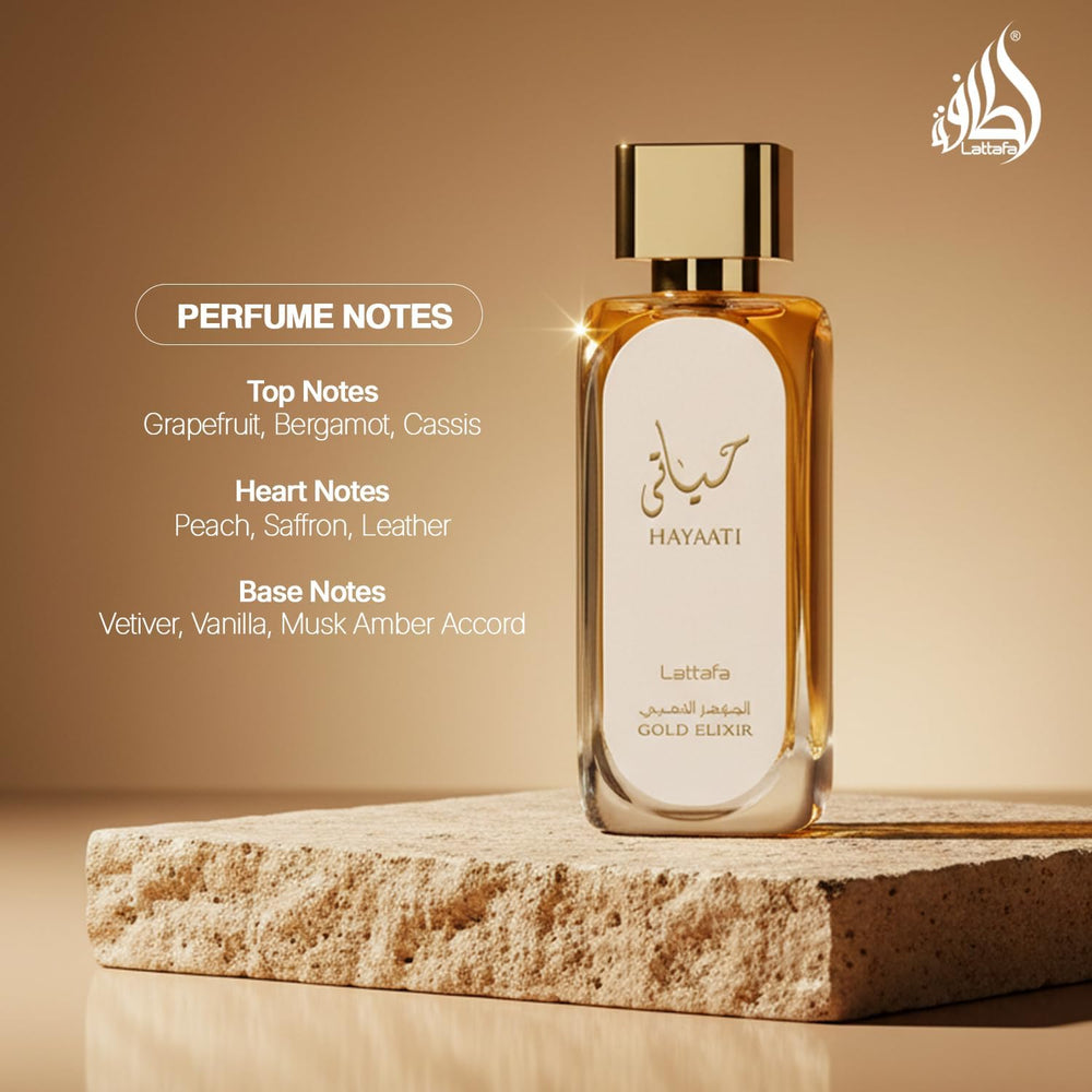 Lattafa Hayaati Gold Elixir box signals gift-ready presentation