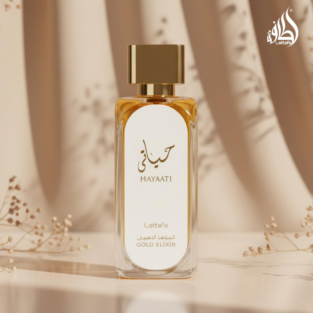 Lattafa Hayaati Gold Elixir leather middle-notes close-up for depth