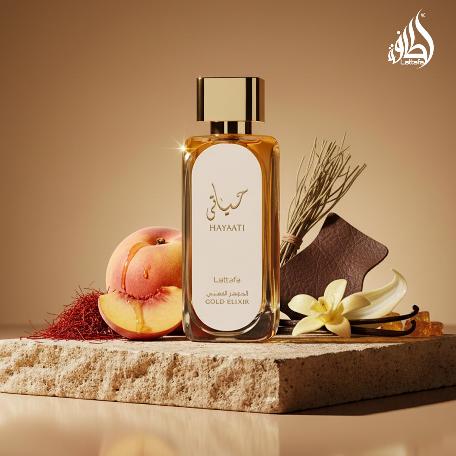 Lattafa Hayaati Gold Elixir rosehip close-up hints lush notes