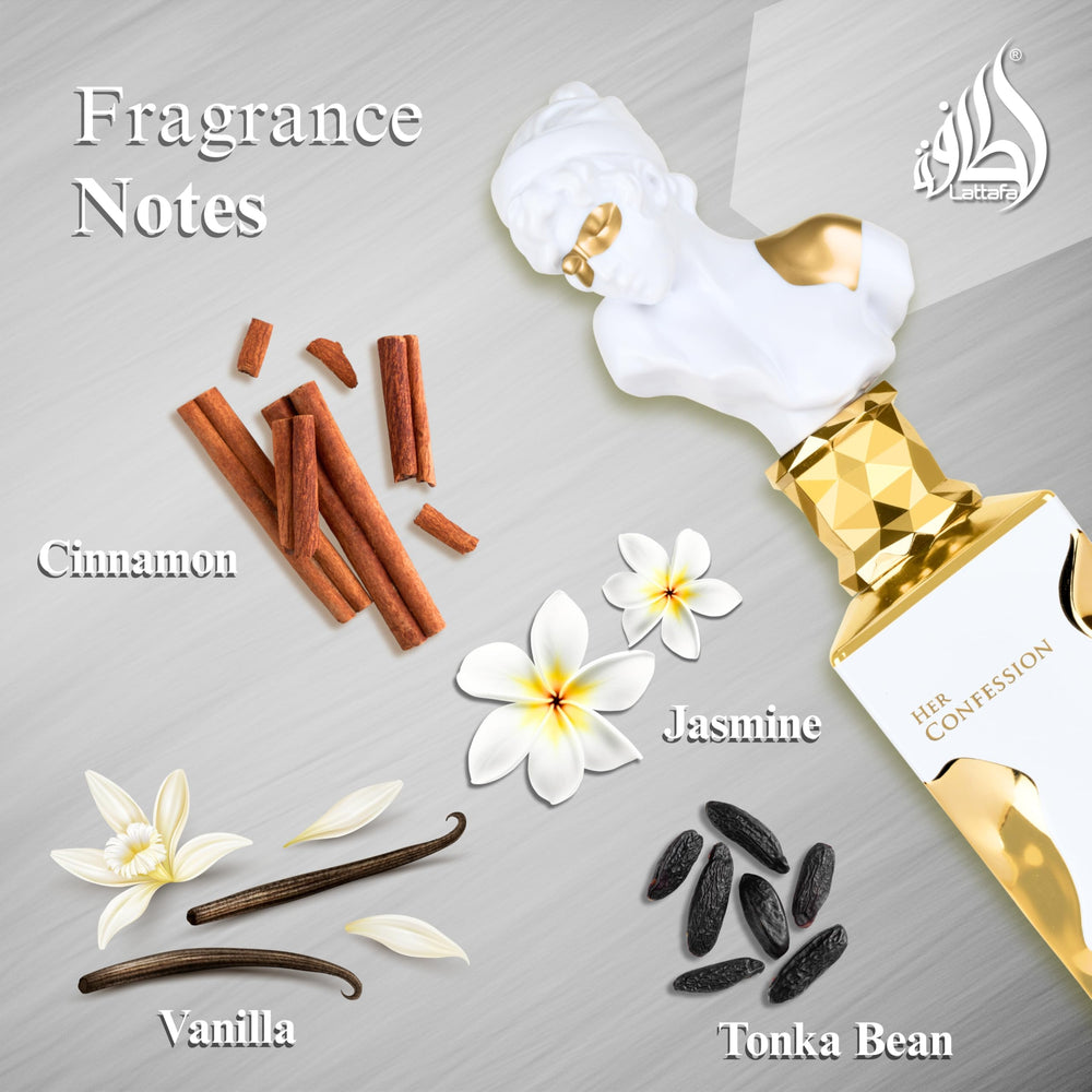 Lattafa Her Confession base notes vanilla musk tonka blend