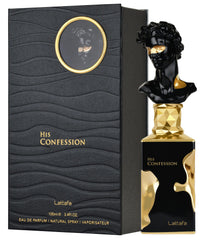 Lattafa His Confession bottle at a 90-degree angle showing sleek design.