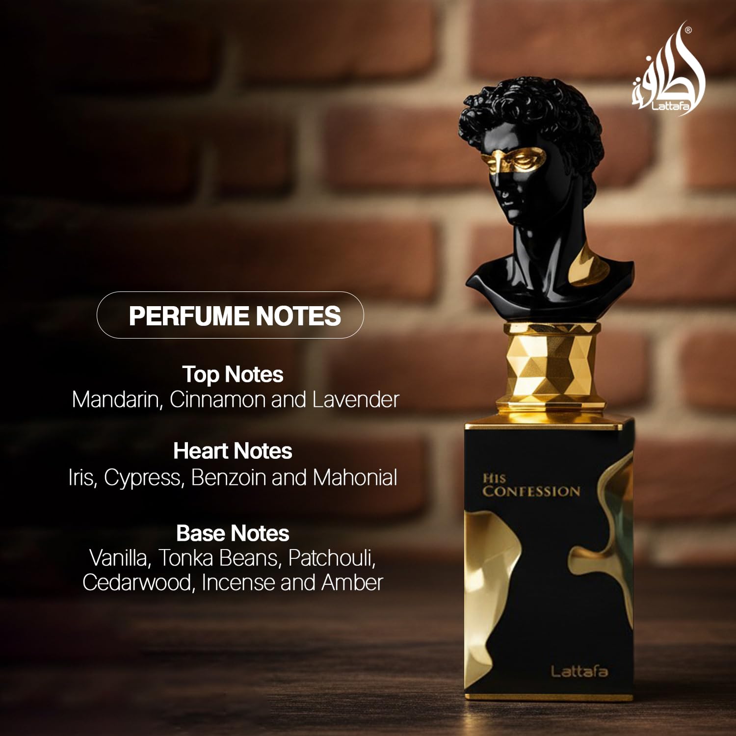 Lattafa His Confession packaging box highlighting premium fragrance packaging.