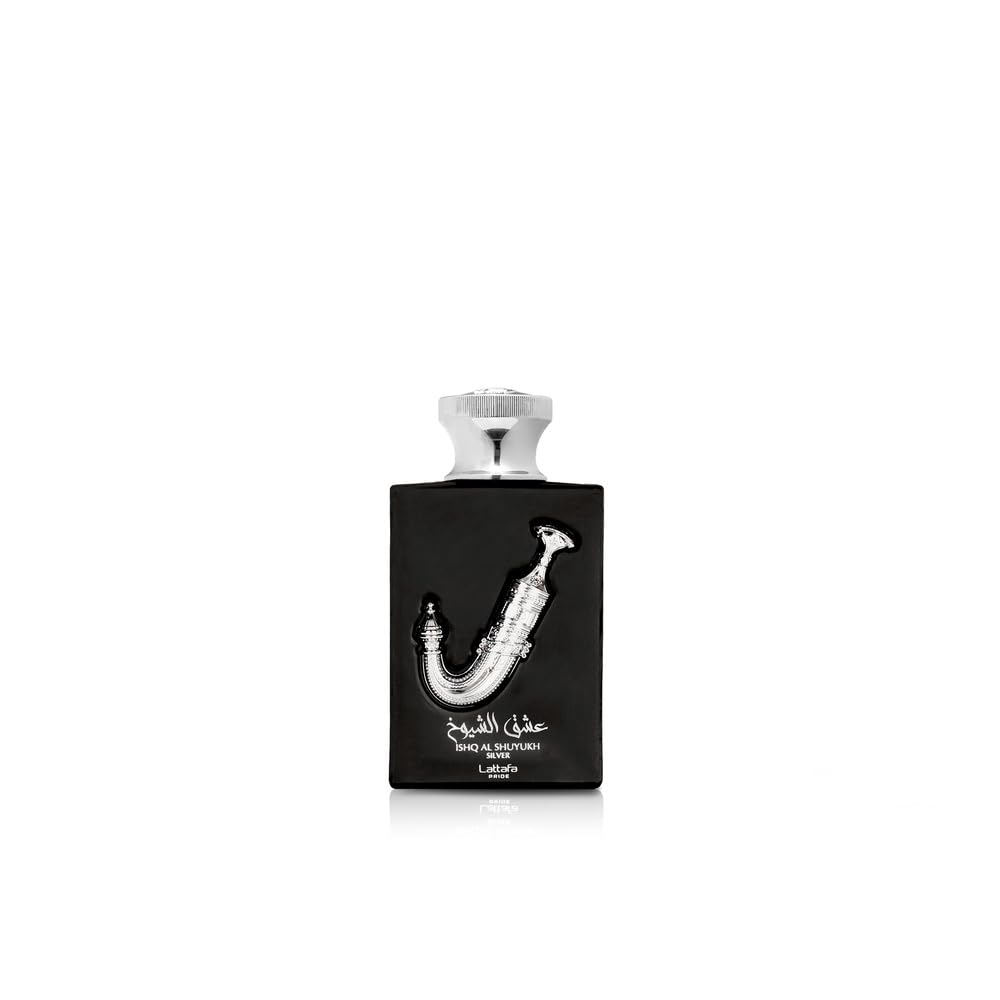 Lattafa Ishq Al Shuyukh Silver bottle front view, unisex scent for everyday wear.