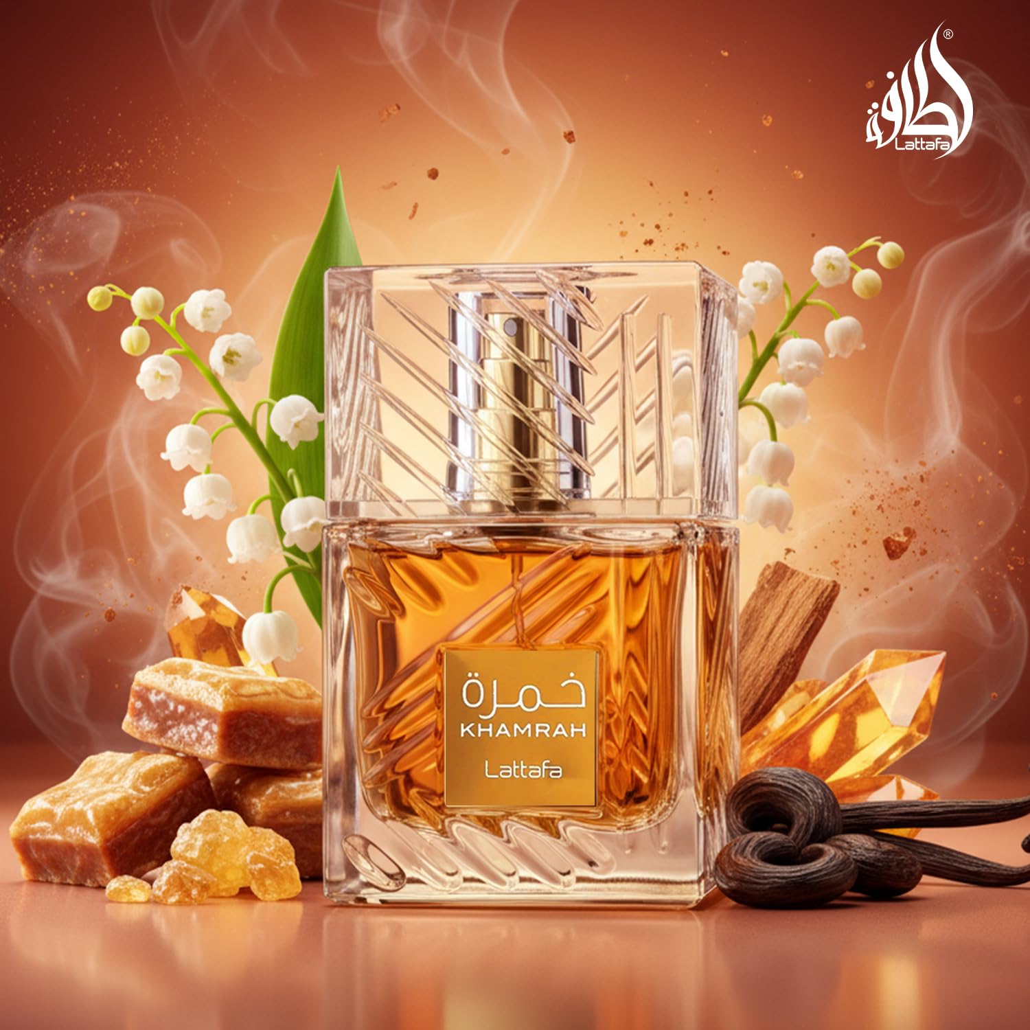 Lattafa Khamrah amberwood base note conveys lasting warmth.