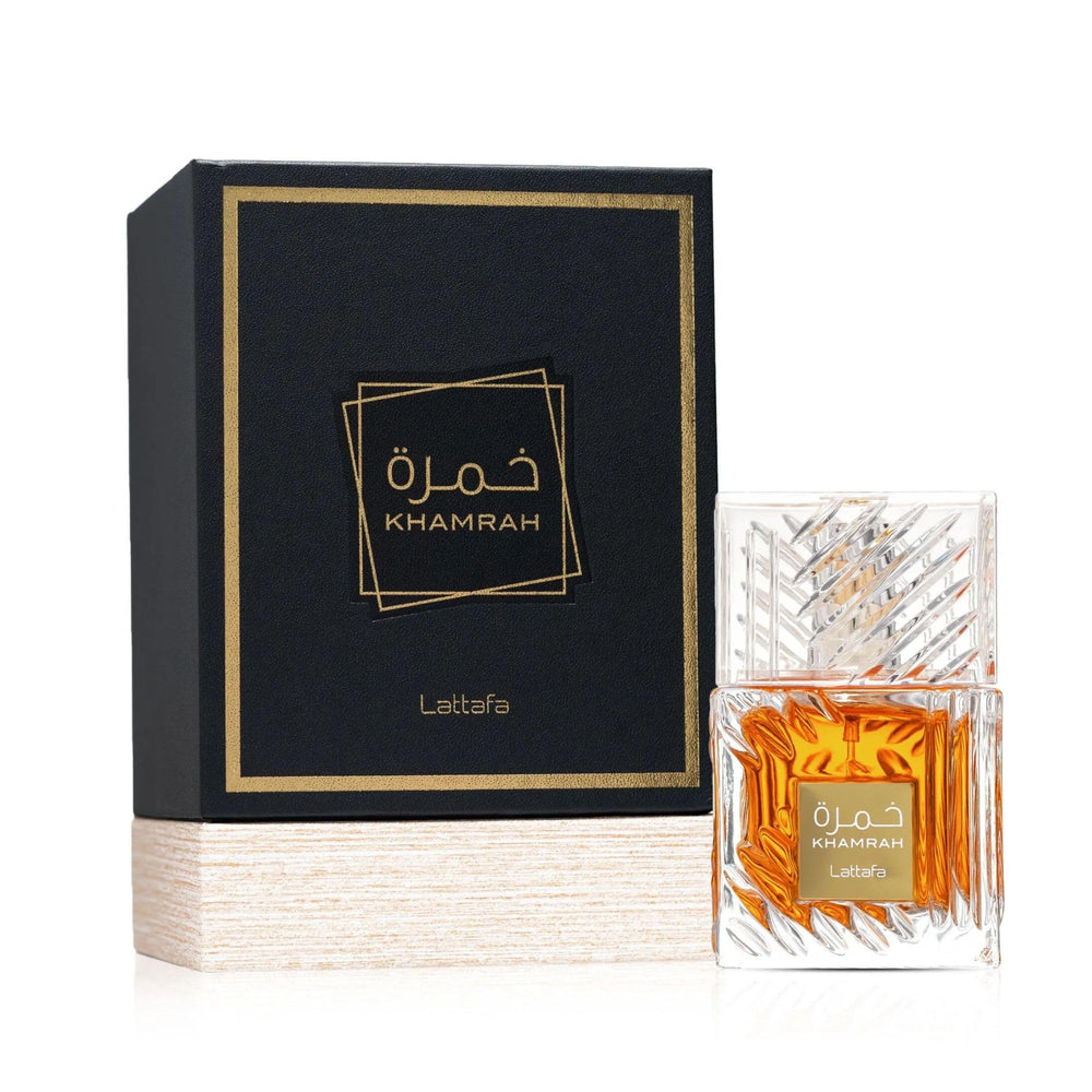 Lattafa Khamrah bottle showing praline and dates for gourmand depth.