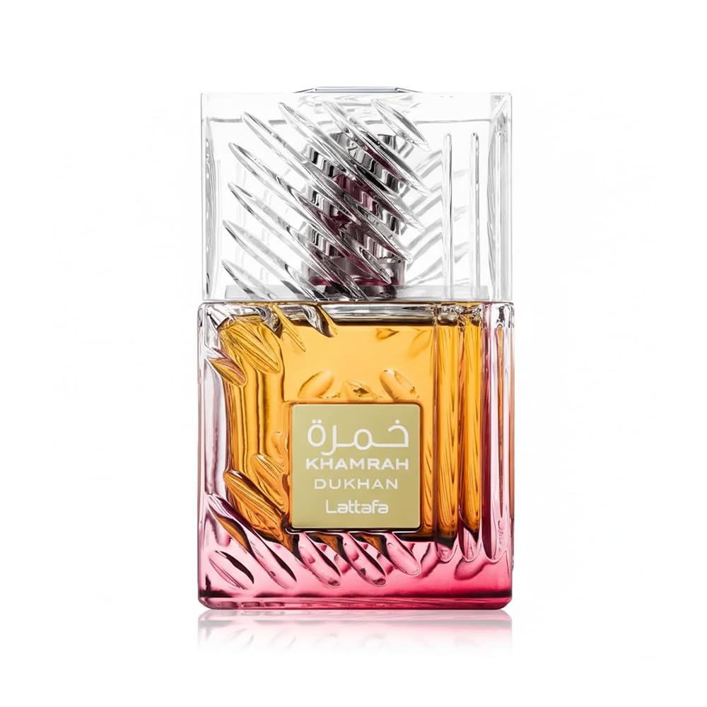 Lattafa Khamrah Dukhan bottle front view with amber glass for warm evening vibes.