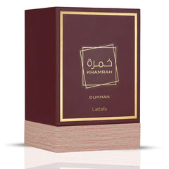Lattafa Khamrah Dukhan cap close-up highlighting refined craftsmanship.
