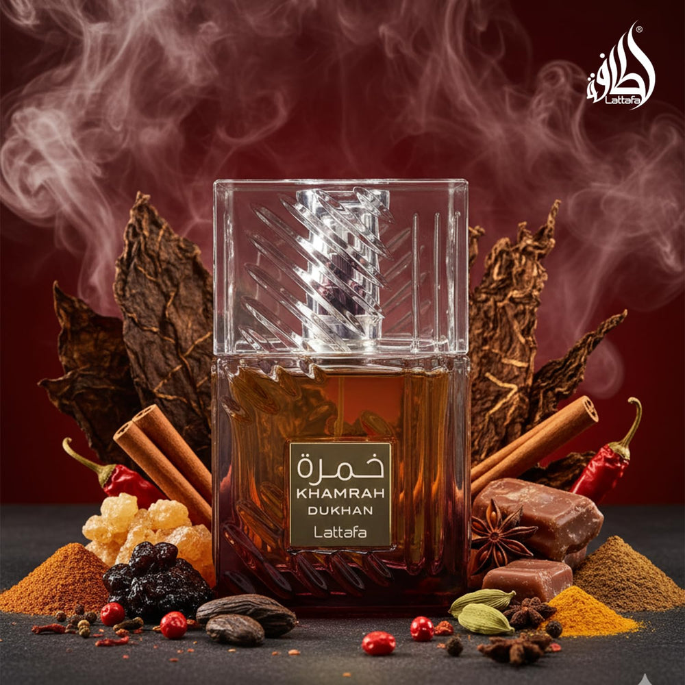 Lattafa Khamrah Dukhan label detail emphasizes premium design.