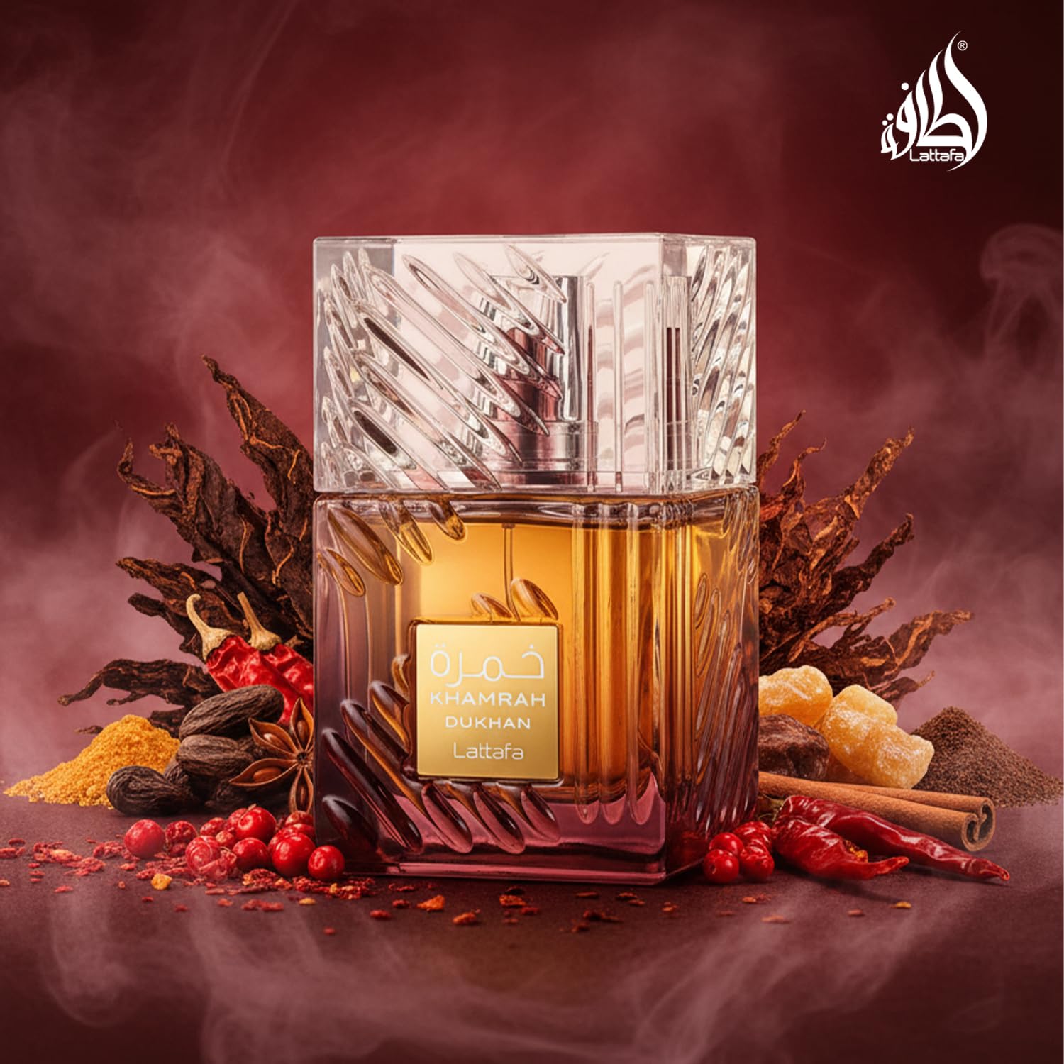 Lattafa Khamrah Dukhan packaging box signals luxury unboxing experience.