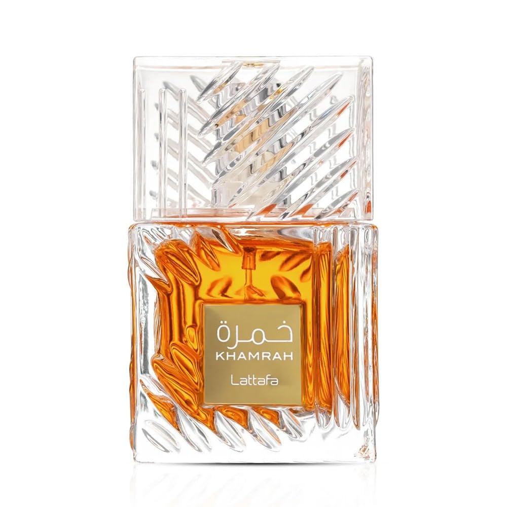 Lattafa Khamrah eau de parfum bottle with warm vanilla and spice for evening wear.