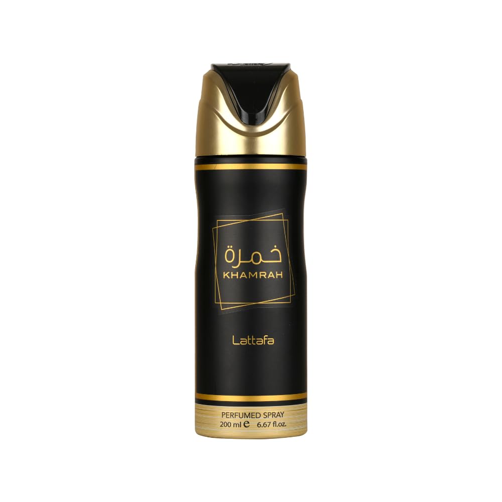 Lattafa Khamrah bottle on a vanity, long-lasting fragrance for daily wear.