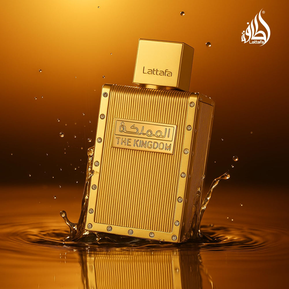 Lattafa The Kingdom elegant bottle on display emphasizing regal style