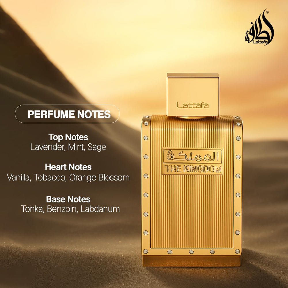 Lattafa The Kingdom heart notes offer warm tobacco and vanilla for evening wear