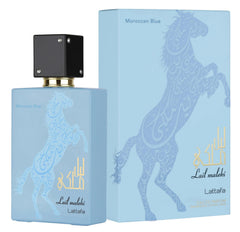 Lattafa Lail Maleki Moroccan Blue worn as a bold fragrance for special occasions