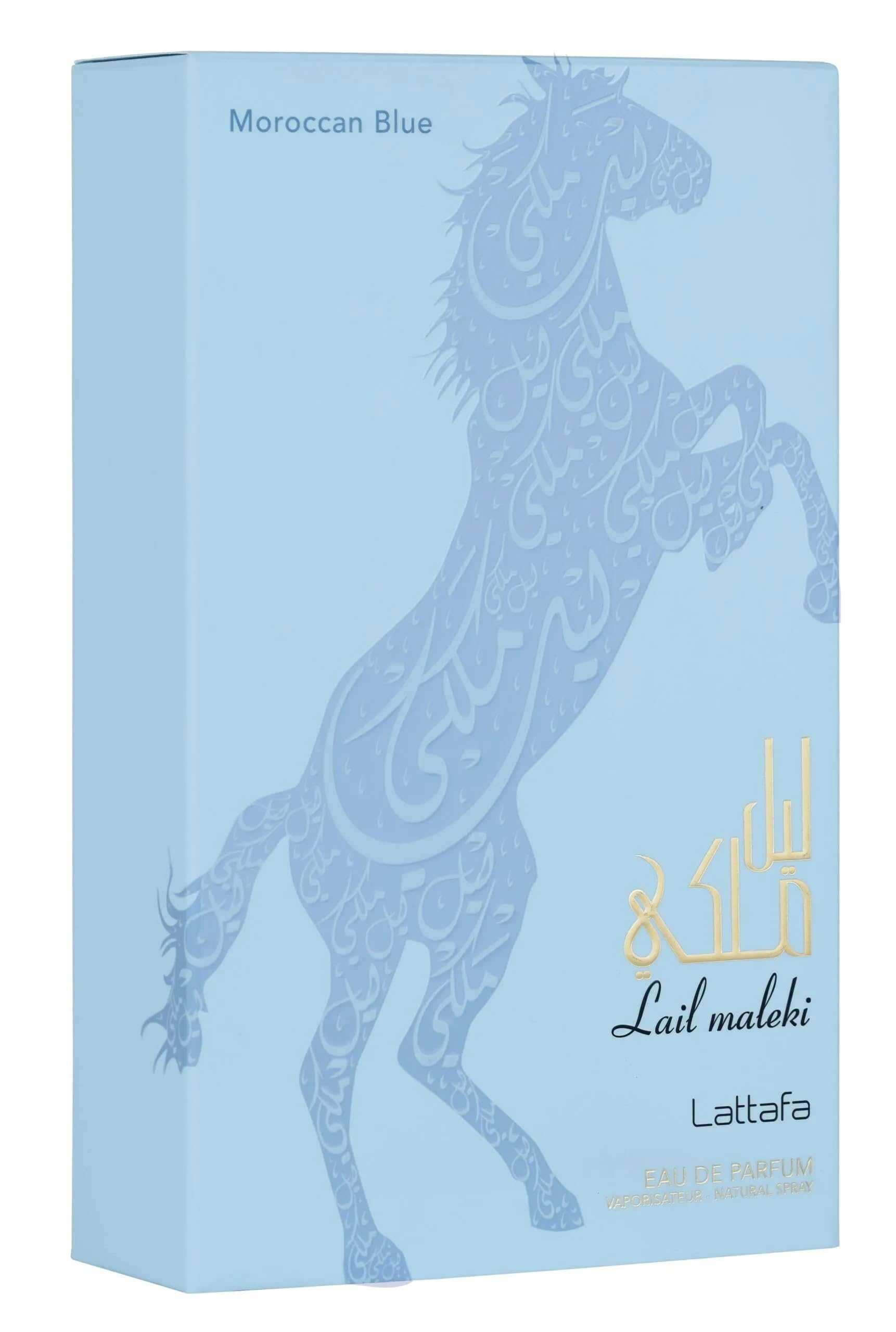 Lattafa Lail Maleki Moroccan Blue packaging and bottle convey premium gift-ready presentation