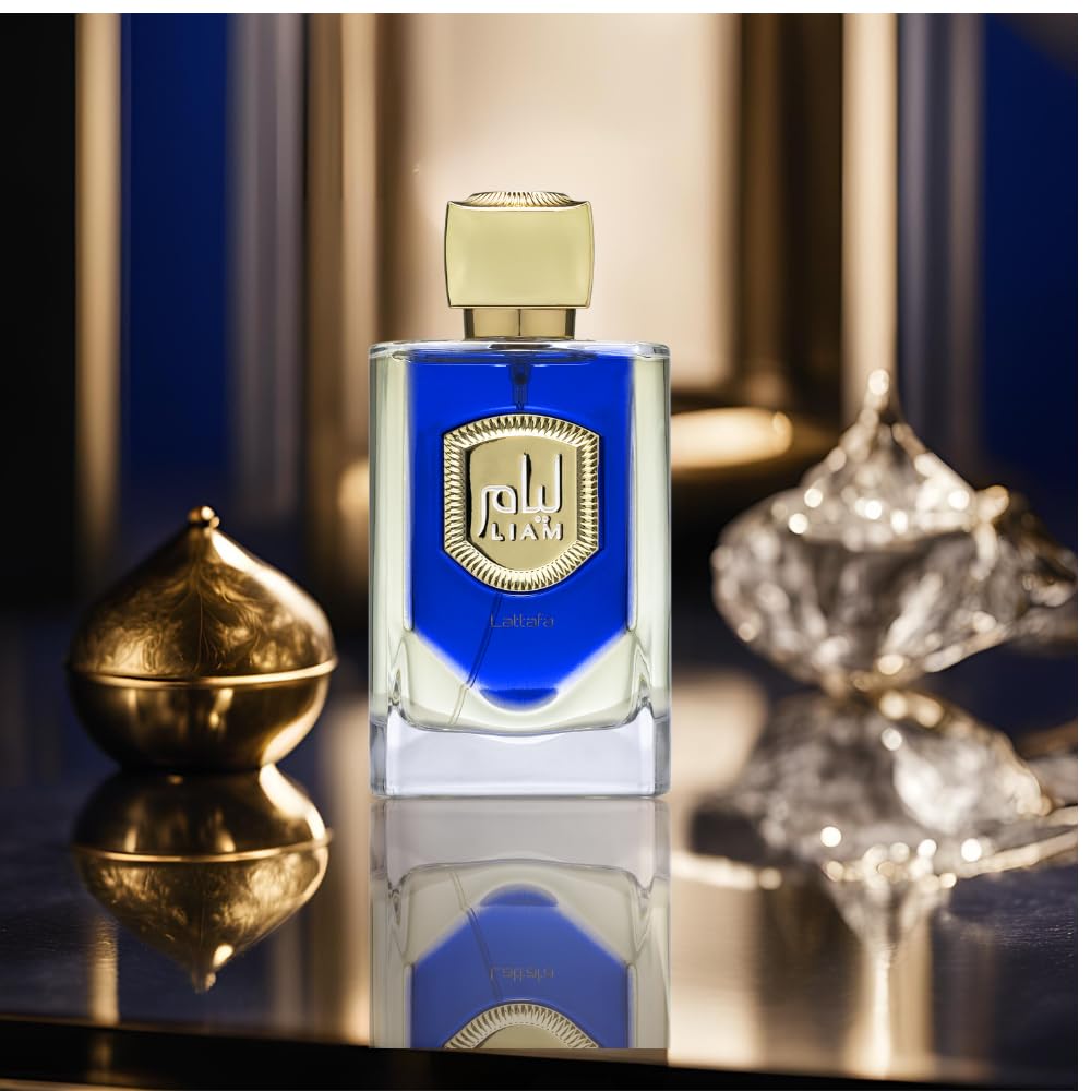 Lattafa Liam Blue Shine label highlighting fresh, versatile daytime fragrance.