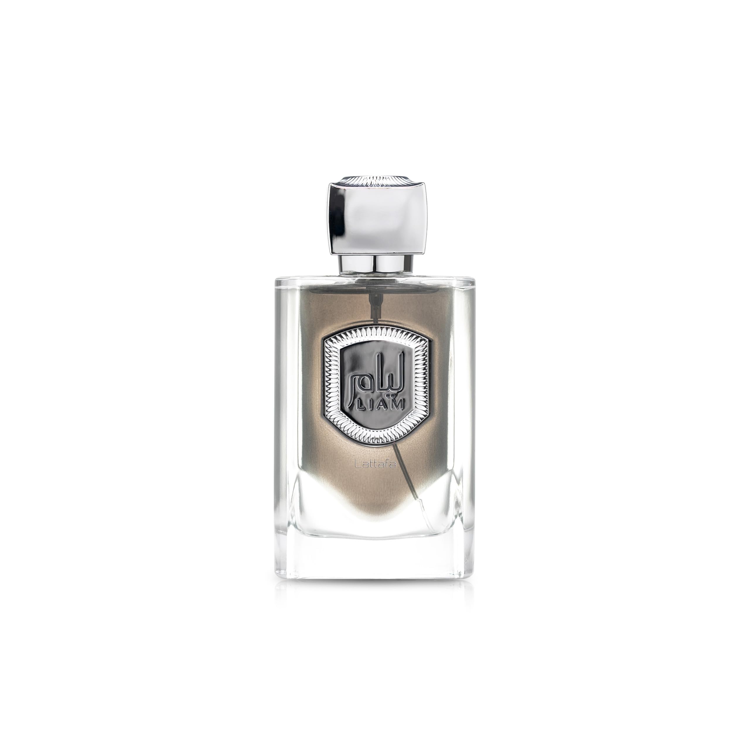 Lattafa Liam Grey EDP bottle front shows unisex fragrance for day or night wear