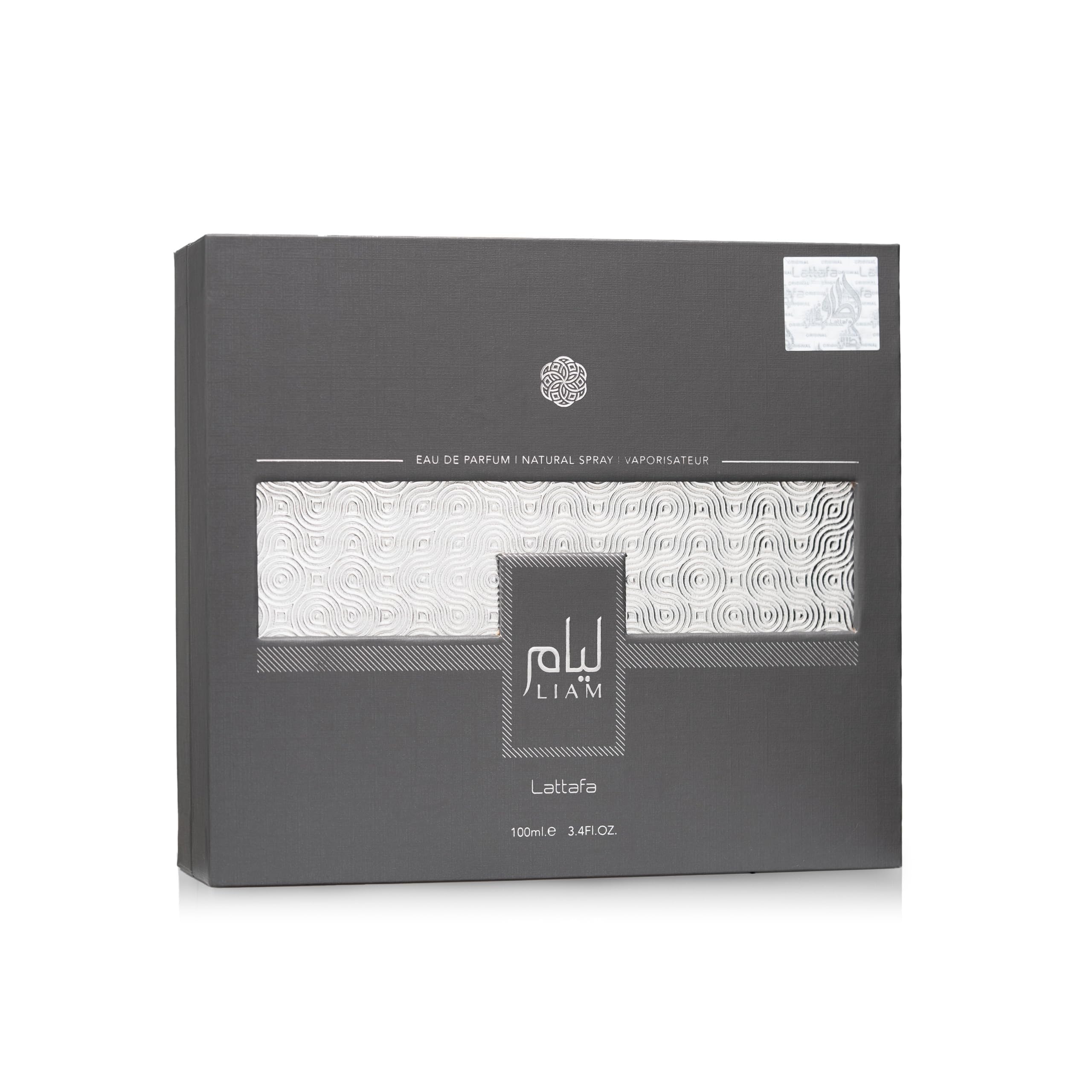Lattafa Liam Grey EDP bottle side reveals creamy woods and spice notes that linger