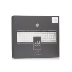 Lattafa Liam Grey EDP bottle side reveals creamy woods and spice notes that linger