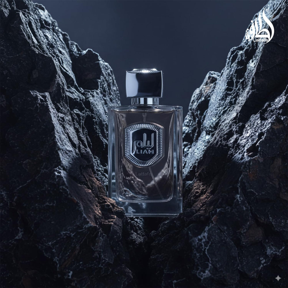Lattafa Liam Grey EDP close-up notes show cardamom fig and iris hints