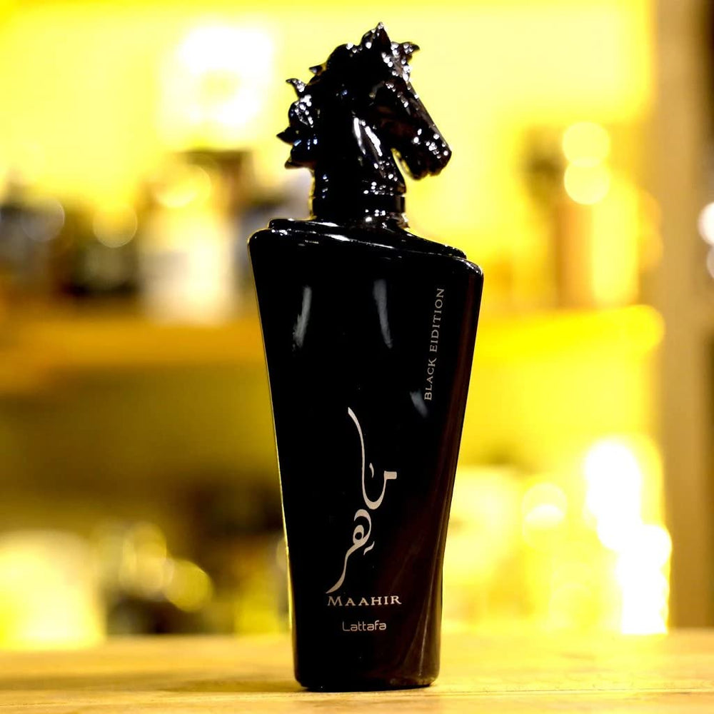 Lattafa Maahir Black Edition amber-notes suggest versatile day-to-night use.
