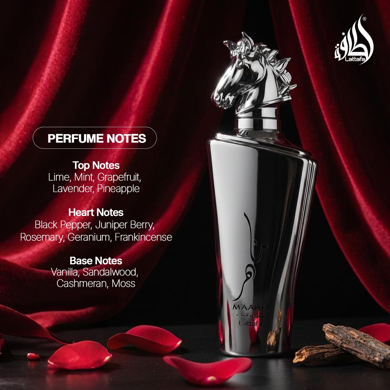 Lattafa Maahir Legacy base notes feature ambroxan and vetiver.