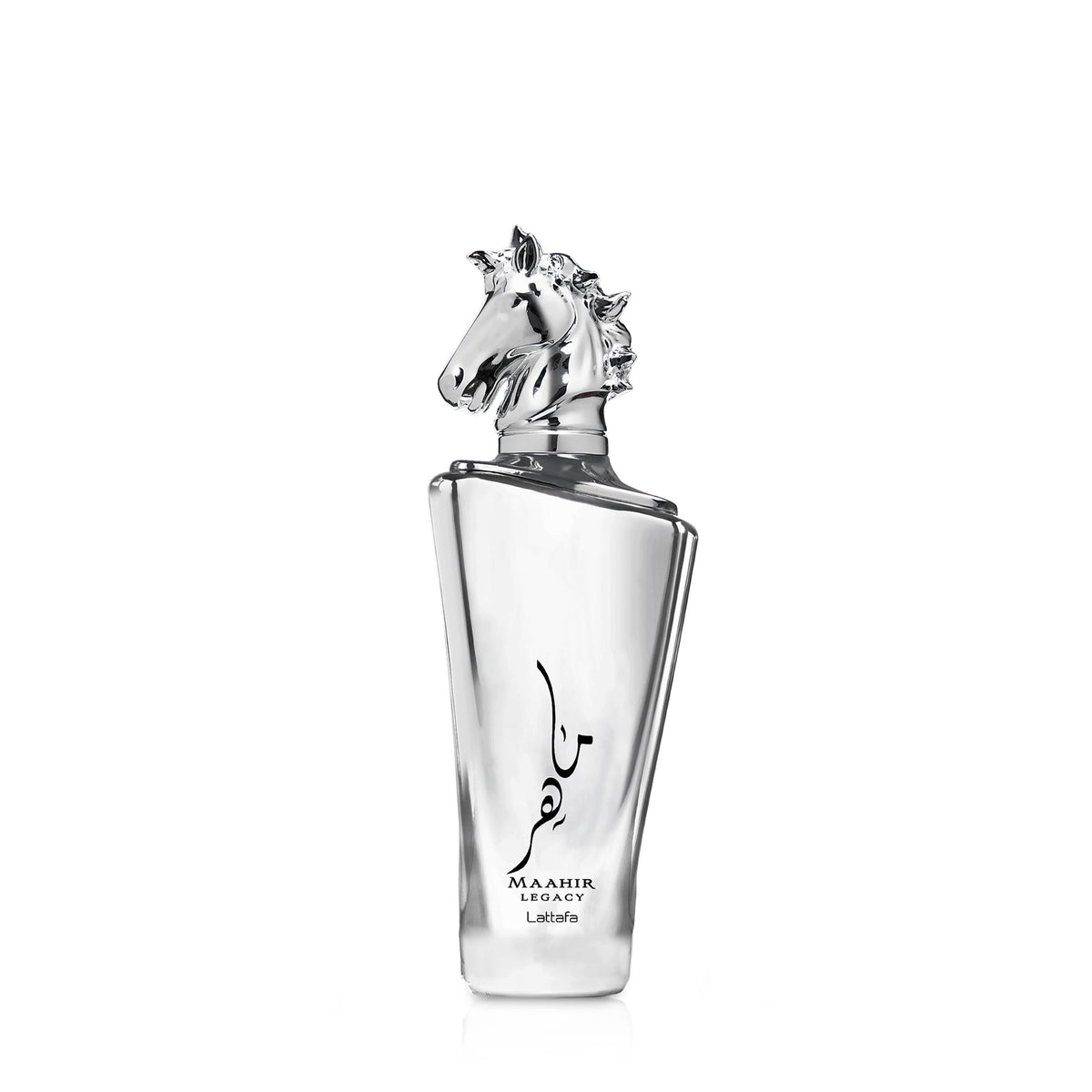 Lattafa Maahir Legacy bottle close-up for premium design.