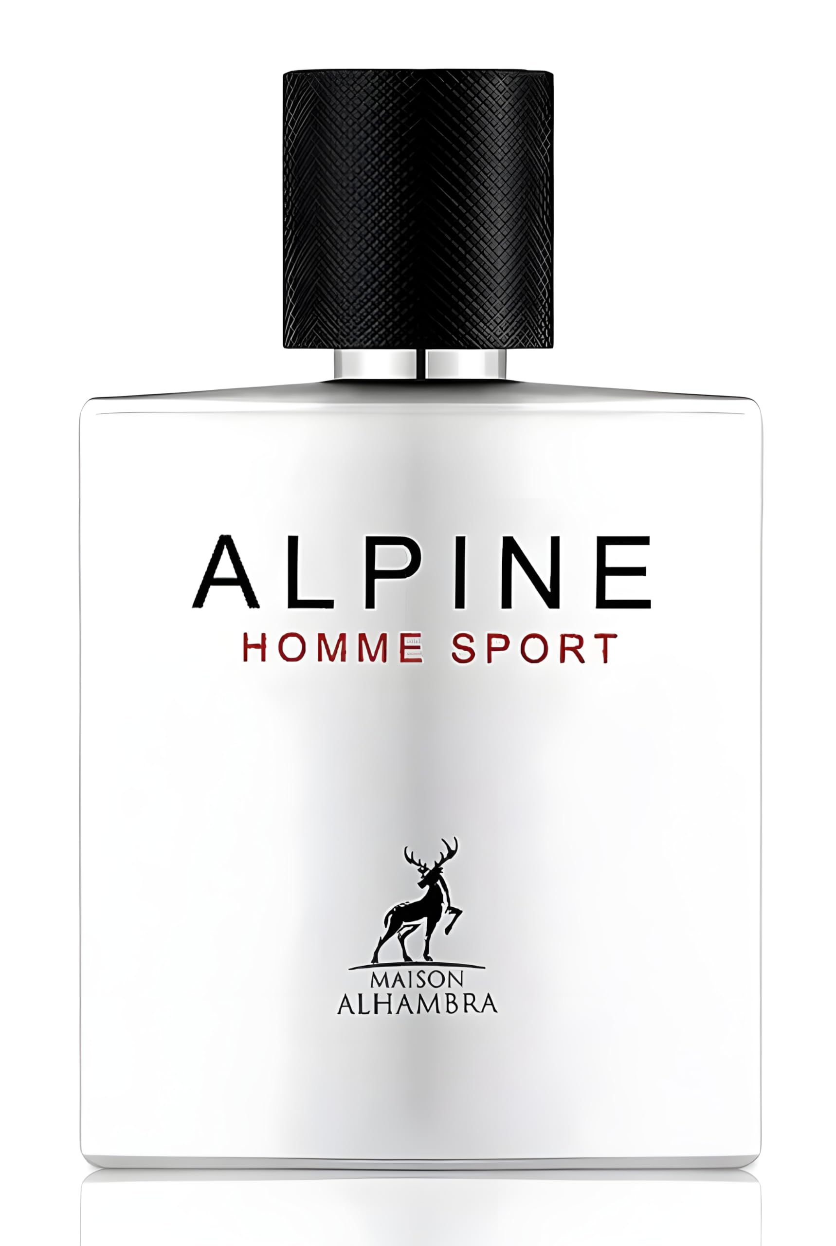 Lattafa Maison Alhambra Alpine Homme Sport bottle front, showcasing a bold design and confident aroma.