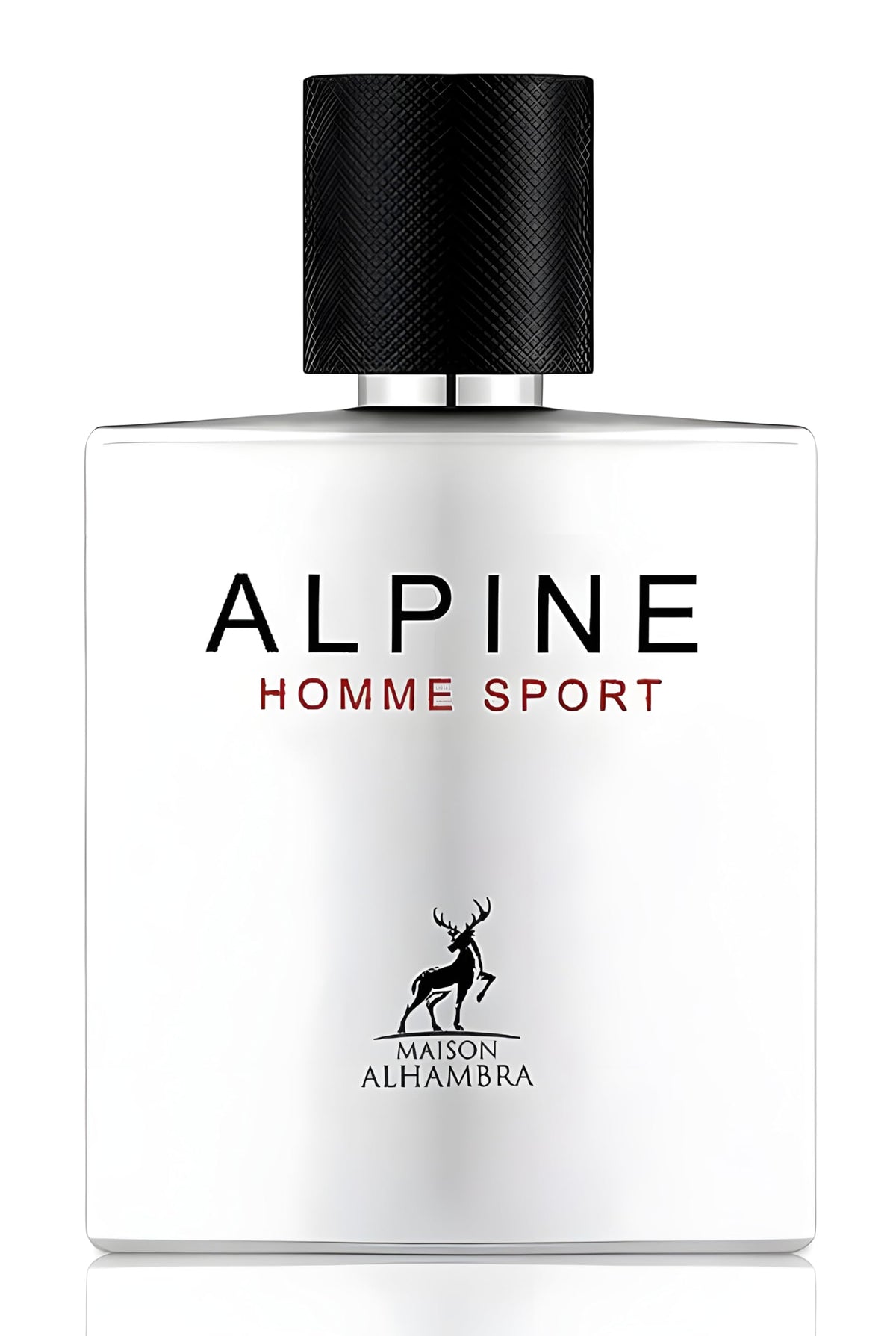Lattafa Maison Alhambra Alpine Homme Sport bottle front, showcasing a bold design and confident aroma.