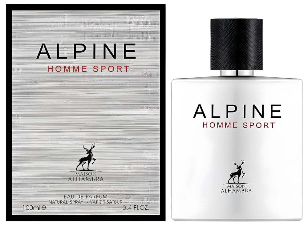 Lattafa Maison Alhambra Alpine Homme Sport bottle back, detailing premium finish and durable build.