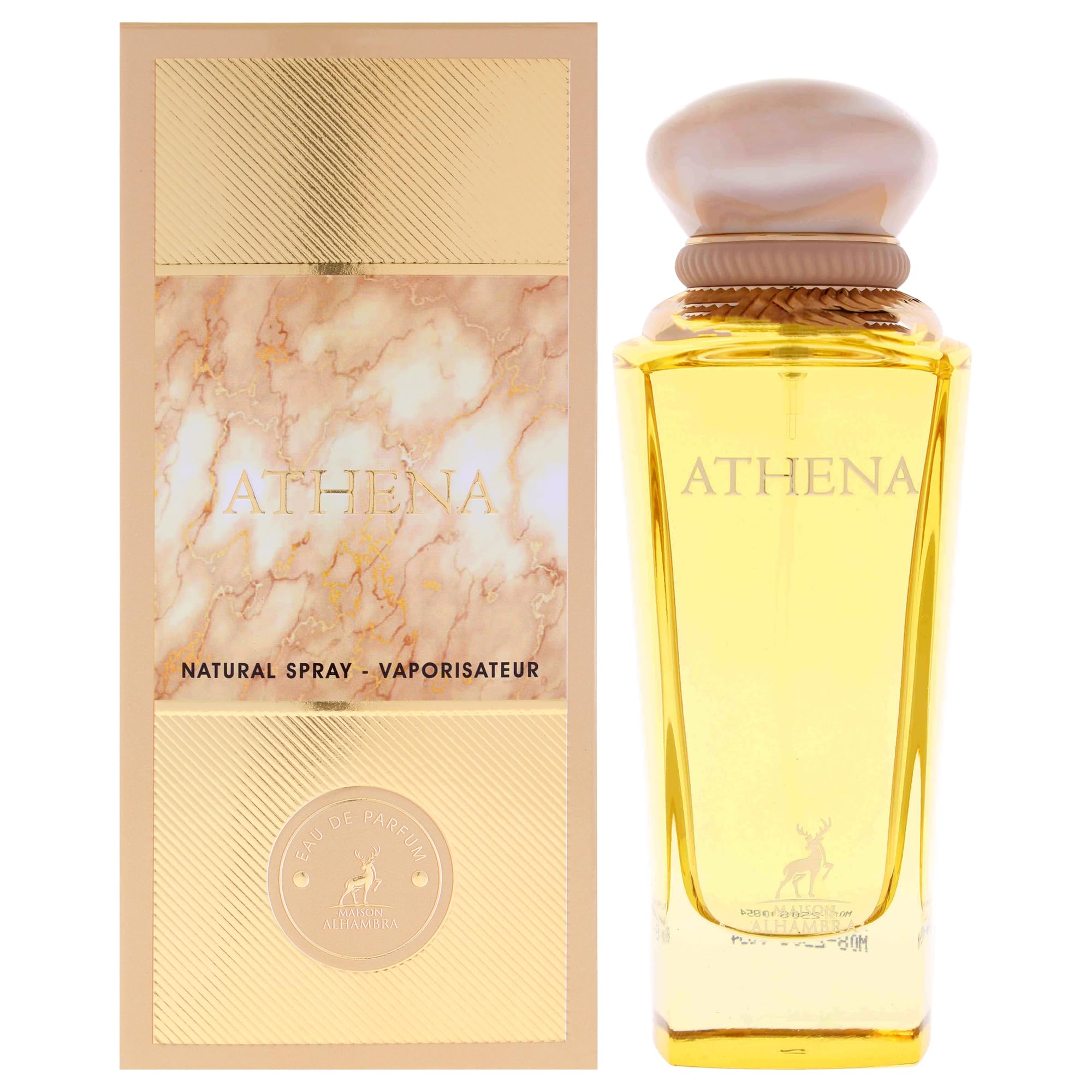 Lattafa Maison Alhambra Athena bottle on display for versatile wear.