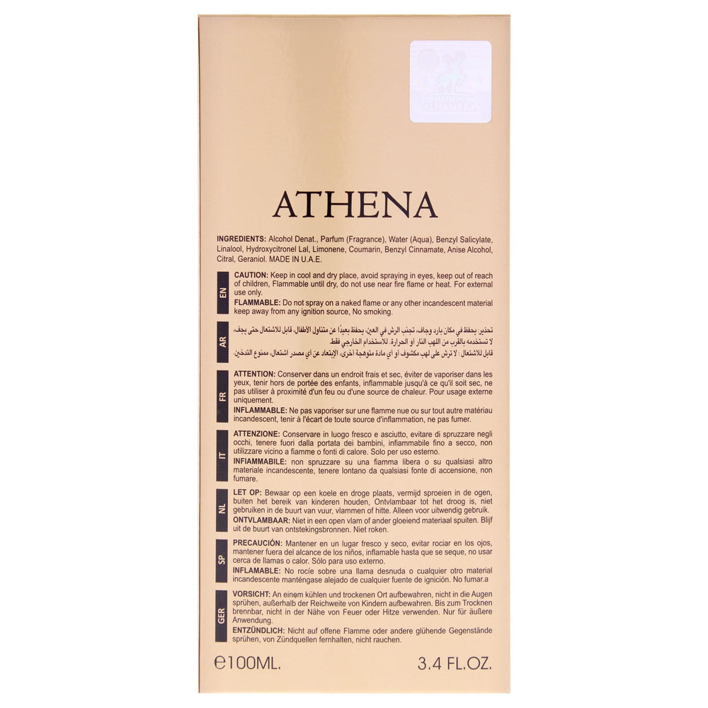 Lattafa Maison Alhambra Athena glossy label reflects premium mood.