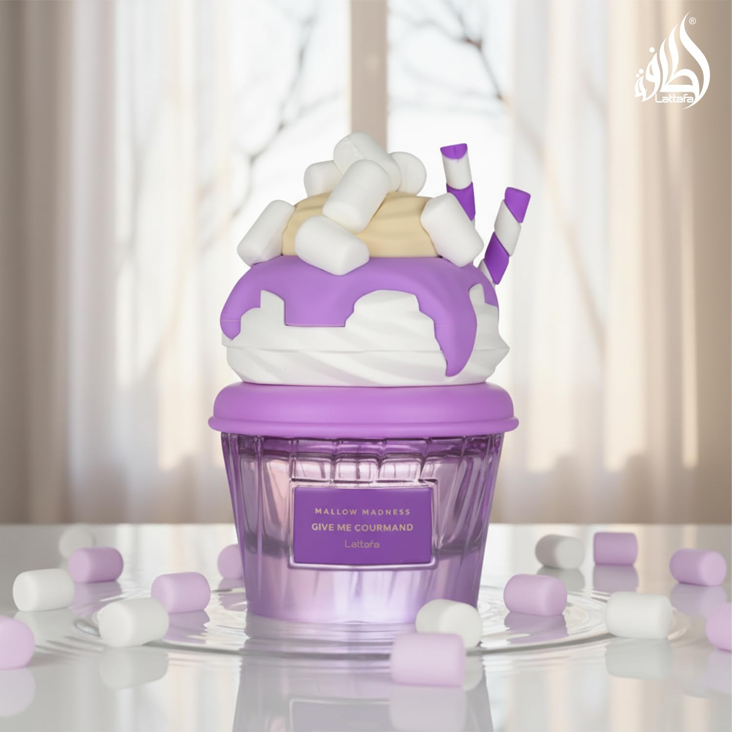 Lattafa Mallow Madness 75ml bottle on display hints at lasting fragrance experience.