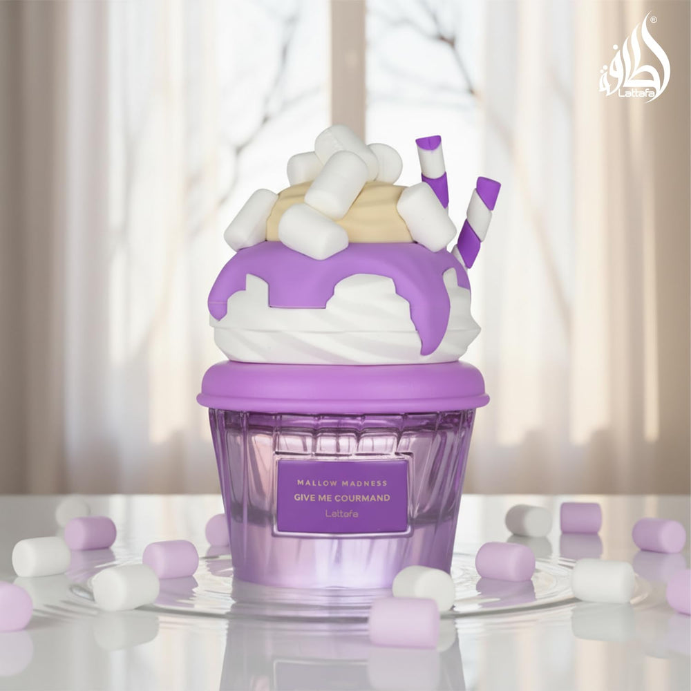 Lattafa Mallow Madness 75ml bottle on display hints at lasting fragrance experience.