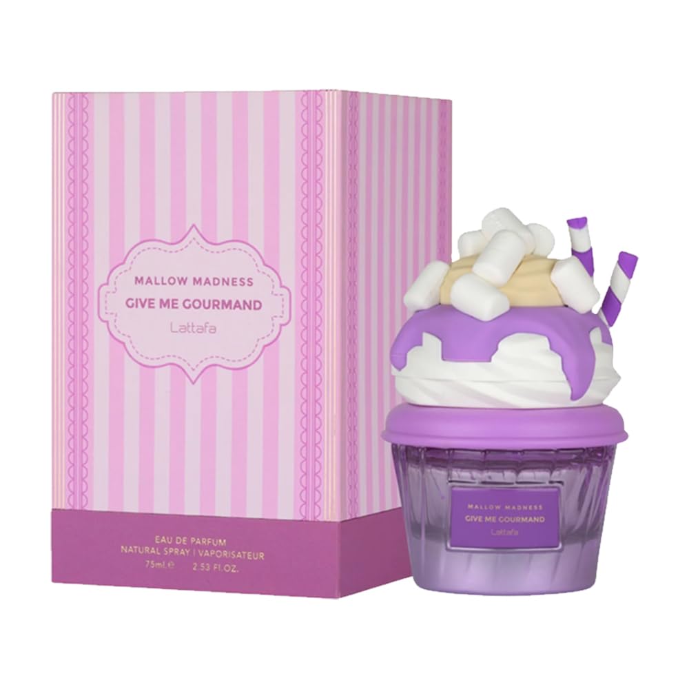 Lattafa Mallow Madness bottle side profile highlights elegant design and sweet scent promise.