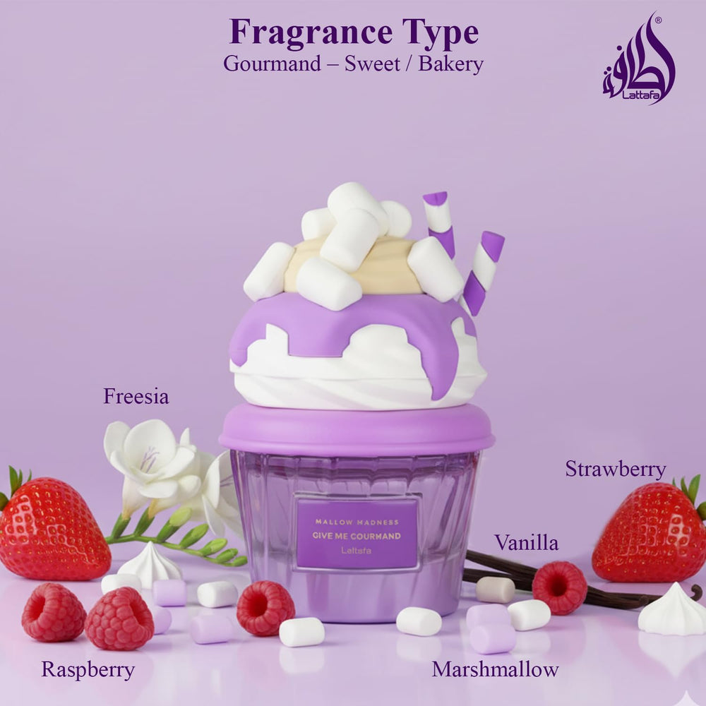 Lattafa Mallow Madness packaging box emphasizes gift-ready presentation.
