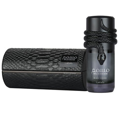 Lattafa Musamam Black Intense bottle cap closeup highlighting premium craftsmanship