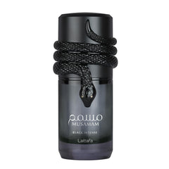 Lattafa Musamam Black Intense bottle front showing bold design for evening style