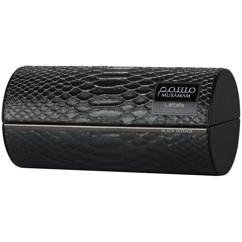 Lattafa Musamam Black Intense wood-tones details evoke warm base for cozy evenings