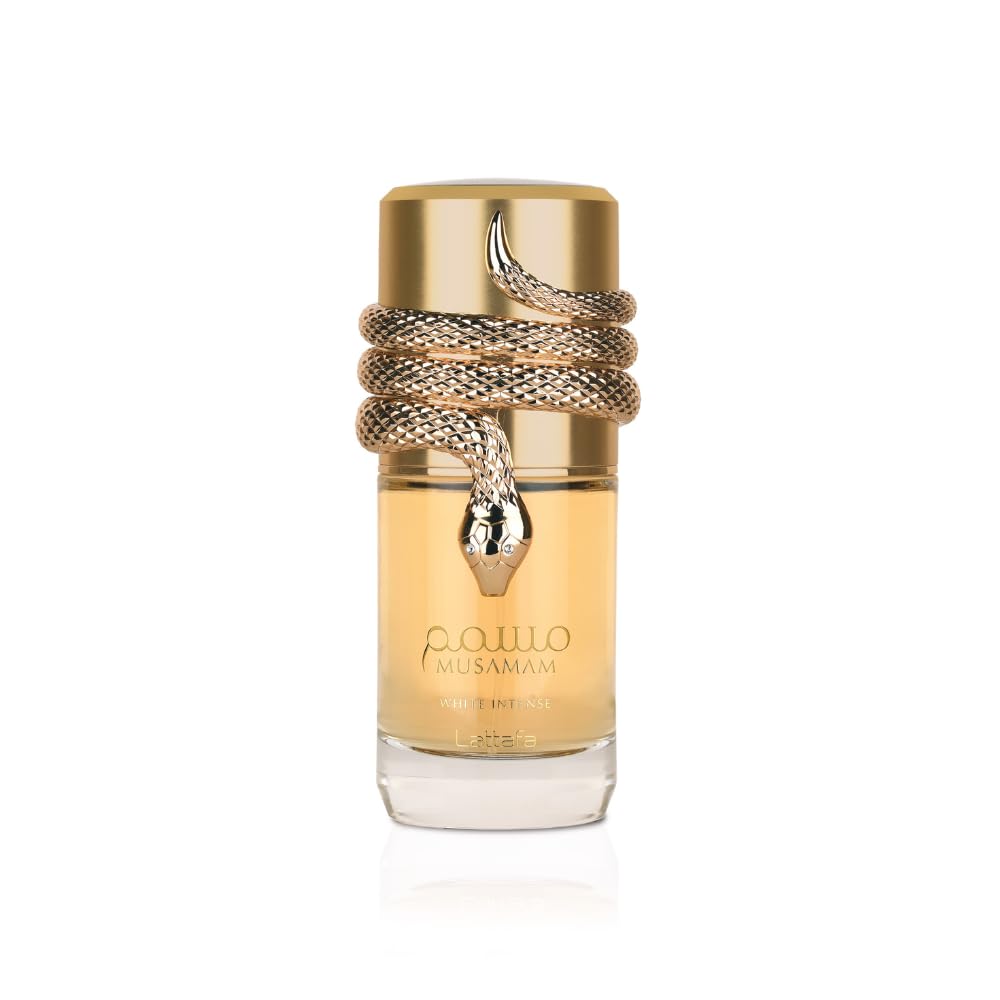 Lattafa Musamam White Intense bottle front in sleek design for everyday elegance.