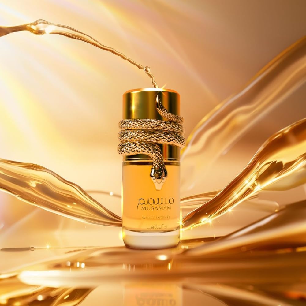 Lattafa Musamam White Intense spray reveals warm sandalwood and musk as a lasting signature.