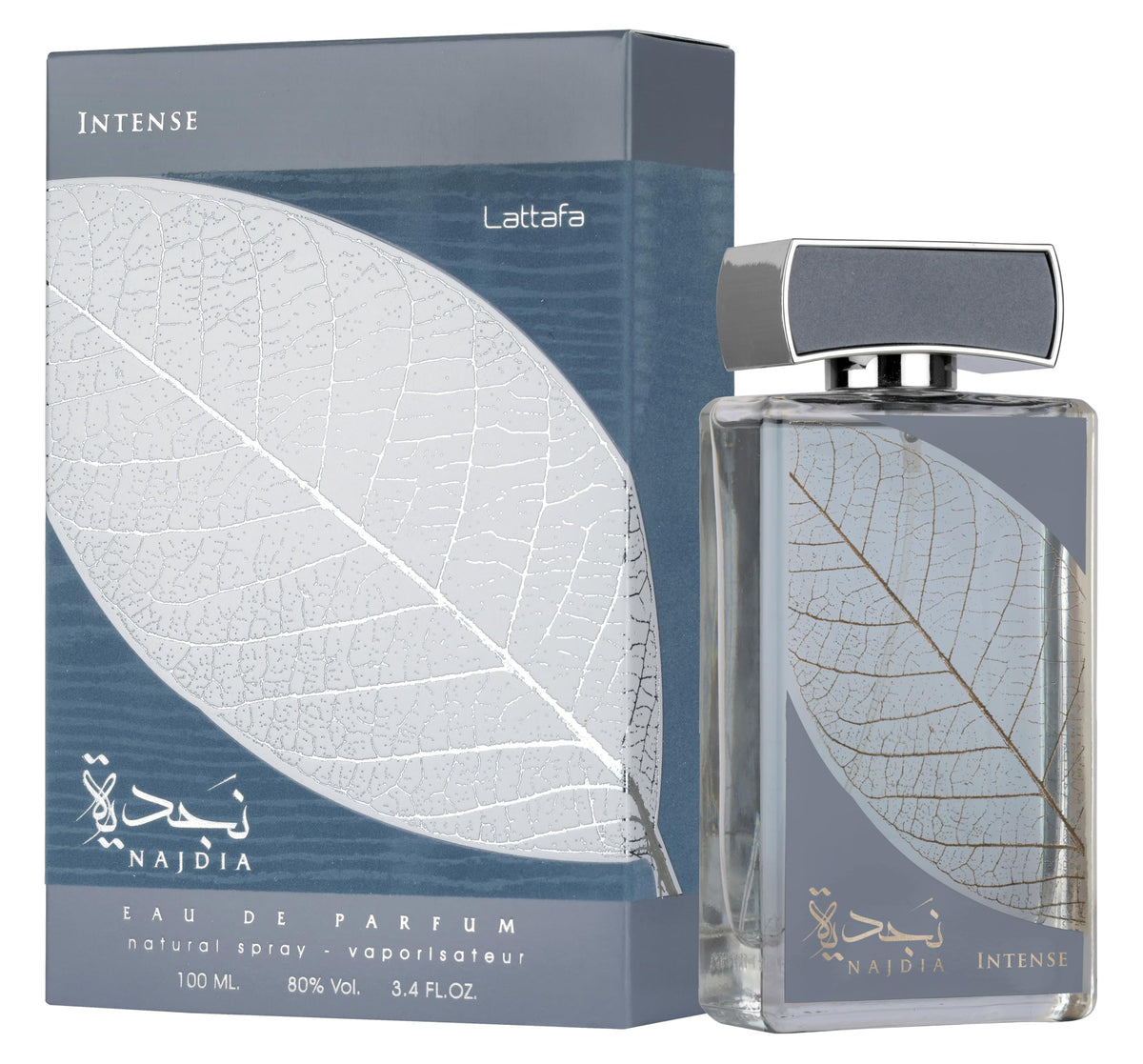 Lattafa Najdia Intense bottle close-up, sleek design for a confident daily scent.