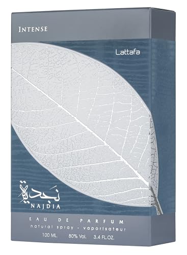 Lattafa Najdia Intense packaging, elegant box design ideal for gifting.