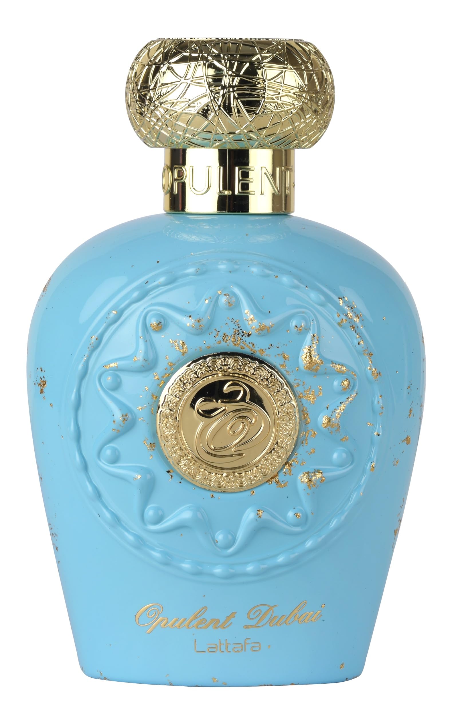 Lattafa Opulent Dubai bottle front view, a bold unisex fragrance for day and night wear.