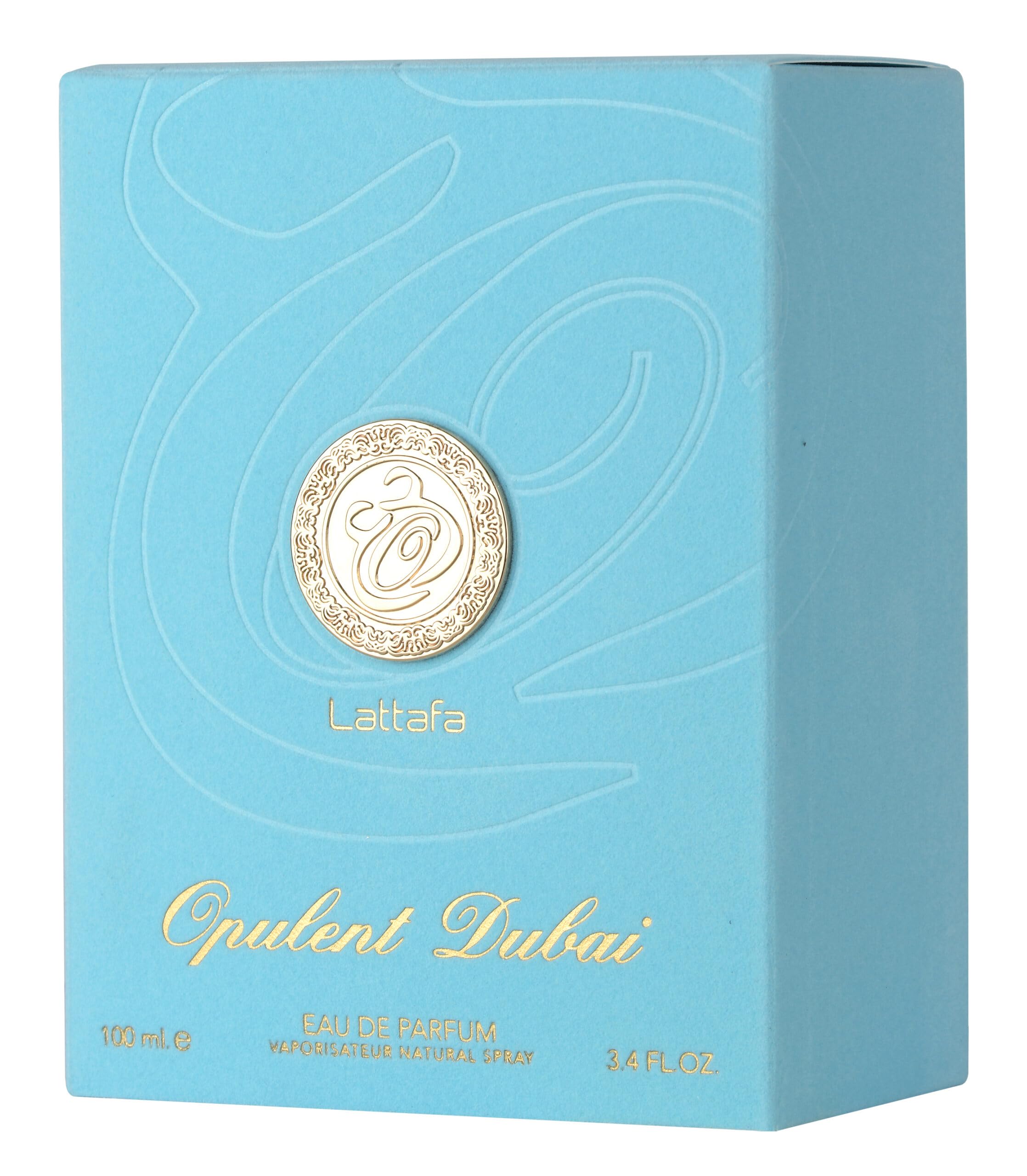 Lattafa Opulent Dubai bottle detail highlighting amber hues and elegant presentation.