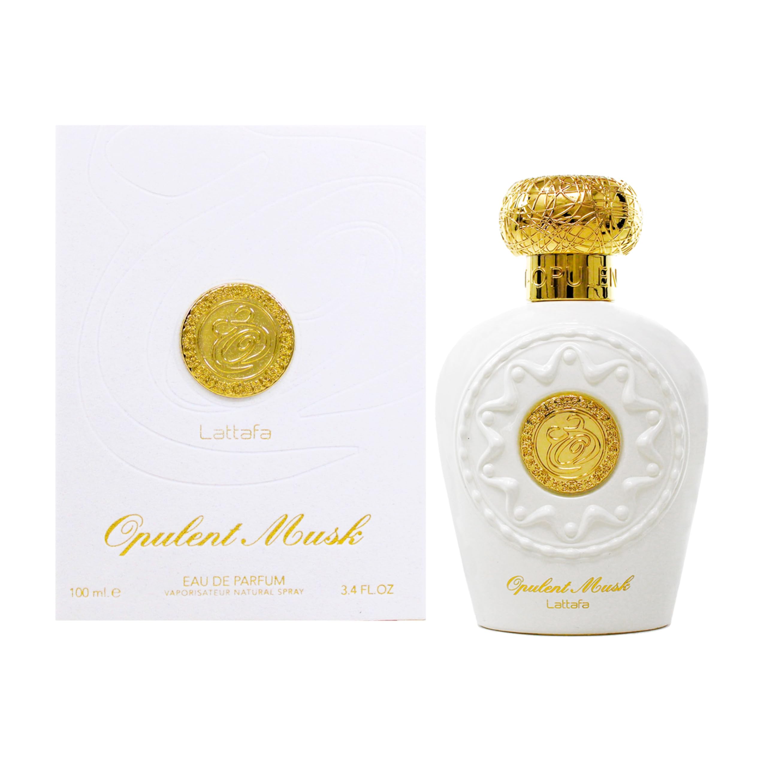 Close-up of Lattafa Opulent Musk EDP packaging highlighting premium design