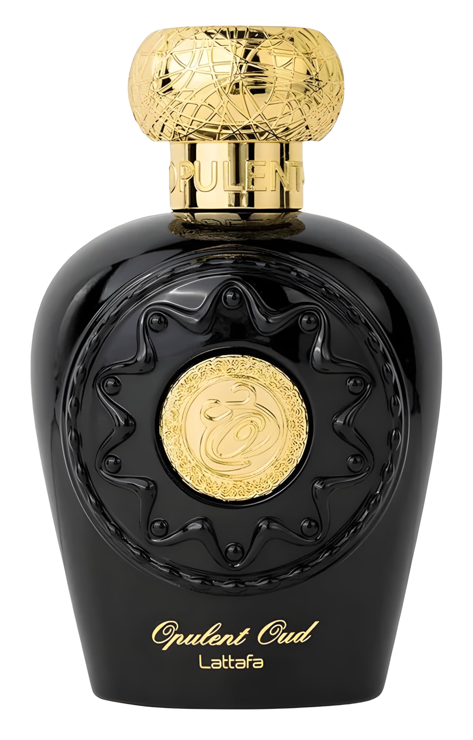 Lattafa Opulent Oud bottle front, unisex fragrance for any occasion.